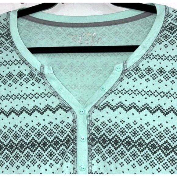Made For Life Mint Green Fair Isle Print Henley Top Womens Size XL 100% Cotton L - Picture 4 of 7
